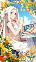 1girl blue_sky breasts dress fate/grand_order fate_(series) food fruit irisviel_von_einzbern large_breasts long_hair open_mouth parted_bangs peach plate rakurui_no_tsubasa red_eyes saipaco sitting sky smile solo_focus table white_dress white_hair