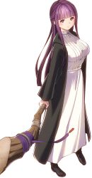 1girl absurdres black_coat black_robe breasts coat dress fern_(sousou_no_frieren) fukushima_masayasu highres holding holding_staff mage_staff purple_eyes purple_hair purple_pupils robe sousou_no_frieren staff straight_hair white_background white_dress
