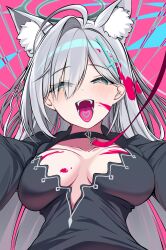 Rule 34 | 1girl, :d, absurdres, ahoge, animal ear fluff, animal ears, aqua eyes, black choker, black dress, black halo, blue archive, blush, breasts, breasts apart, choker, commentary, cross hair ornament, dress, extra ears, eyes visible through hair, fangs, grey hair, hair behind ear, hair between eyes, hair intakes, hair ornament, half-closed eyes, halo, heart, heart-shaped pupils, highres, huge ahoge, incoming hug, large breasts, leash, long hair, long sleeves, looking at viewer, lovestruck, nojikorirakkusu, open mouth, pink background, shiroko (blue archive), shiroko terror (blue archive), sidelocks, simple background, smile, solo, straight-on, straight hair, symbol-shaped pupils, teeth, tongue, upper body, very long hair, wolf ears, wolf girl, you gonna get raped