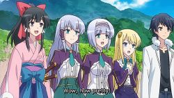 1boy 4girls animated animated_gif barefoot beach black_eyes black_hair blonde_hair blue_eyes cloud else_shileska isekai_wa_smartphone_to_tomo_ni. katana kokonoe_yae linse_shileska long_hair mochizuki_touya multiple_girls ocean pain sand sandals shoes unworn_shoes short_hair siblings silver_hair sisters sky socks unworn_socks sword toes twins weapon yumina_elnea_belfast