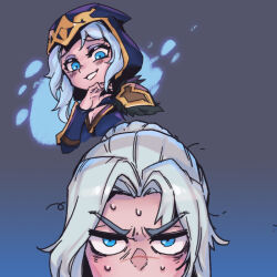 2girls annoyed ashe_(league_of_legends) black_cape blue_background blue_eyes blush breasts cape cleavage grey_background grey_hair grin hair_bun hand_up hood hood_up hooded_cape league_of_legends long_sleeves looking_at_another medium_hair messy_hair multiple_girls phantom_ix_row sejuani single_hair_bun small_breasts smile sweat teeth v-shaped_eyebrows