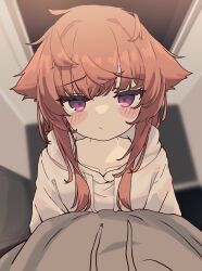 1girl absurdres aoi_tori blush brown_hair closed_mouth grey_hoodie highres hood hoodie indoors messy_hair original pov purple_eyes raika-chan_(aoi_tori) solo white_hoodie