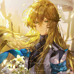 1boy armband black_shirt blonde_hair blue_armband blurry blurry_background brooch building chinese_commentary closed_mouth coat colyba expressionless flower green_eyes hair_between_eyes honkai:_star_rail honkai_(series) jewelry long_hair looking_at_viewer luocha_(honkai:_star_rail) male_focus shirt solo statue turtleneck upper_body watermark weibo_watermark white_coat white_flower white_lily wind