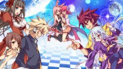 &gt;_&lt; 10s 2boys 5girls :o animal animal_ears aqua_hair blonde_hair buttons cat checkered_floor cross-laced_clothes crossover dress closed_eyes floor formal_clothes from_side hand_on_own_chest hands_in_pockets headphones holding_hands interlocked_fingers kasukabe_you kudou_asuka kurousagi_(mondaiji) light_brown_hair long_hair long_sleeves mondaiji-tachi_ga_isekai_kara_kuru_sou_desu_yo? multiple_boys multiple_girls no_game_no_life nora-toro o_o pink_hair pointing profile rabbit_ears red_dress red_hair sakamaki_izayoi shiro_(no_game_no_life) short_hair solid_circle_eyes sora_(no_game_no_life) stephanie_dora suit tears thighhighs underbust upper_body whiskers