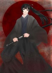 Rule 34 | 1boy, alternate costume, alternate hairstyle, axis powers hetalia, black hair, japan (hetalia), japanese clothes, long hair, male focus, ponytail, solo, sword, weapon