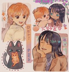 2girls ^_^ animal black_hair blue_eyes blunt_bangs cat closed_eyes commentary hand_on_another&#039;s_head head_rest heart jewelry medium_hair multiple_girls multiple_views nami_(one_piece) necklace nico_robin one_piece orange_hair short_hair smile sparkle yingchencat