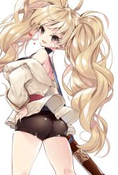 1girl 218 ahoge ass bare_shoulders bike_shorts choker female_focus granblue_fantasy green_eyes hand_on_own_hip heart jacket long_hair looking_back monika_weisswind simple_background solo sword twintails wavy_hair weapon white_background white_jacket