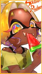 Rule 34 | 1girl, akino72335, blonde hair, border, colored eyelashes, colored tips, commentary request, copyright name, dark-skinned female, dark skin, eyelashes, fangs, fangs out, food, frye (splatoon), frye (splatoon raiders), highres, holding, holding food, holding popsicle, inkling, long hair, looking at viewer, multicolored hair, nintendo, official alternate costume, popsicle, purple hair, short eyebrows, solo, splatoon (series), splatoon raiders, star-shaped pupils, star (symbol), symbol-shaped pupils, tentacle hair, thick eyebrows, two-tone hair, very dark skin, watermelon bar, white background, yellow border
