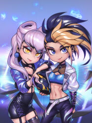 2girls akali black_eyes black_hair black_pants black_skirt blonde_hair evelynn_(league_of_legends) k/da_(league_of_legends) k/da_all_out_akali k/da_all_out_evelynn league_of_legends long_hair multicolored_hair multiple_girls pants phantom_ix_row ponytail skirt two-tone_hair white_hair yuri