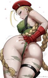 1girl absurdres aelion_draws anus ass blonde_hair blue_eyes braid breasts cammy_white clothing_aside commentary english_commentary fingerless_gloves gloves green_leotard hand_on_own_ass hat highres large_breasts leotard leotard_aside long_hair looking_at_viewer pouch pussy red_gloves red_hat simple_background solo street_fighter thigh_pouch thigh_strap white_background