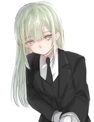 1girl :/ bang_dream! bang_dream!_it&#039;s_mygo!!!!! black_necktie black_suit breast_pocket cc06x closed_mouth commentary_request dress_shirt eyelashes formal_clothes gloves green_eyes jacket leaning_forward long_sleeves looking_at_viewer necktie parted_bangs pocket shirt sidelocks simple_background solo suit suit_jacket tuxedo upper_body vest waistcoat wakaba_mutsumi white_background white_gloves white_shirt yellow_eyes