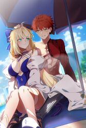 1boy 1girl abs absurdres ahoge artoria_caster_(fate) artoria_caster_(swimsuit_berserker)_(fate) artoria_caster_(swimsuit_berserker)_(third_ascension)_(fate) artoria_pendragon_(fate) blonde_hair blush commentary commission emiya_shirou english_commentary fate/grand_order fate_(series) highres kpaoi long_hair looking_at_another red_hair senji_muramasa_(fate) skeb_commission swimsuit toned toned_male topless_male yellow_eyes