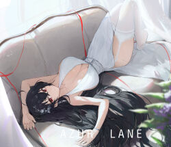 1girl absurdres ahoge arms_up azur_lane black_hair breasts closed_mouth collarbone copyright_name couch dress full_body hair_ornament highres jianjia large_breasts long_hair looking_at_viewer lying on_back plunging_neckline red_eyes smile solo taihou_(azur_lane) taihou_(temptation_on_the_sea_breeze)_(azur_lane) thighhighs very_long_hair wedding_dress white_dress white_thighhighs