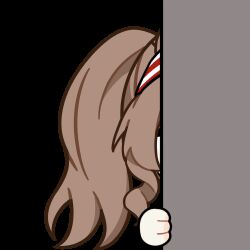 1girl angelina_(arknights) animal_ears animated animated_gif arknights brown_hair chinese_commentary coat commentary_request disembodied_hand fox_ears hair_between_eyes hairband infection_monitor_(arknights) jacket long_hair looking_at_viewer lowres open_clothes open_coat open_jacket peeking_out red_eyes red_hairband red_jacket skland_1530589596514 solo striped_clothes striped_hairband transparent_background twintails two-tone_hairband upper_body white_coat