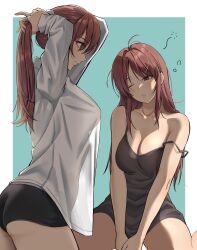1girl absurdres black_camisole black_panties border breasts brown_hair camisole cleavage collarbone commentary_request daiko_(dai1974910) highres idolmaster idolmaster_cinderella_girls large_breasts long_hair mifune_miyu multiple_views panties ponytail see-through_silhouette shirt simple_background sleepy squeans straight_hair strap_slip tying_hair underwear white_border white_shirt