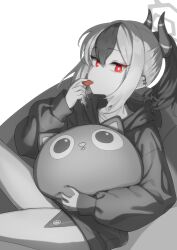 1girl absurdres aoore_x64 blue_archive commentary english_commentary food greyscale halo hand_up highres holding holding_food holding_pillow hood hoodie horns kayoko_(blue_archive) long_sleeves looking_at_viewer monochrome pillow ponytail red_eyes solo spot_color