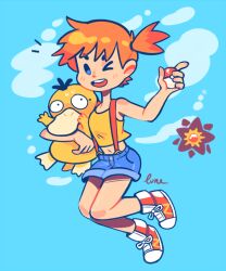 &gt;_o 1girl ;d artist_name asymmetrical_hair blue_background blue_eyes blue_shorts blush breasts creature creatures_(company) crop_top denim denim_shorts female_focus full_body game_freak gen_1_pokemon holding holding_creature holding_poke_ball holding_pokemon looking_at_viewer midriff misty_(pokemon) navel nintendo notice_lines one_eye_closed open_mouth orange_hair poke_ball poke_ball_(basic) pokemon pokemon_(anime) pokemon_(classic_anime) pokemon_(creature) ponytail psyduck red_shoes shirt shoes short_hair short_shorts shorts side_ponytail signature sleeveless smile sneakers solo starmie suspenders tank_top teeth upper_teeth_only wink yellow_shirt