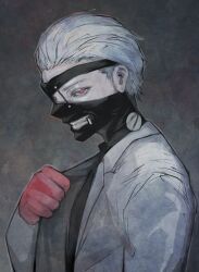 Rule 34 | 1boy, black mask, black shirt, eyepatch, formal clothes, gloves, heterochromia, highres, kaneki ken, looking at viewer, male focus, mask, red eyes, red gloves, shirt, short hair, simple background, solo, stfr (stfr kaz), suit, teeth print, tokyo ghoul, tokyo ghoul:re, white hair, white suit, zipper pull tab