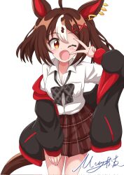 1girl ahoge alternate_costume animal_ears blush breasts brown_eyes brown_hair commentary gran_alegria_(umamusume) hair_ornament highres horse_ears horse_girl horse_tail jacket looking_at_viewer matty_(matsutomo) medium_breasts medium_hair one_eye_closed open_mouth ribbon signature solo tail umamusume white_background x_hair_ornament