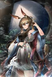 Rule 34 | 1girl, amiya (arknights), animal, animal ears, arknights, arm up, bare shoulders, black sash, black shirt, blue eyes, blue nails, blush, breasts, brown hair, chinese commentary, closed mouth, commentary request, cowboy shot, fingernails, grey skirt, hair between eyes, hand in own hair, highres, holding, holding own hair, jewelry, light particles, light smile, long hair, looking at viewer, magic, medium breasts, multiple rings, nail polish, ponytail, rabbit, ring, sash, shirt, sideboob, sidelocks, skirt, sleeveless, sleeveless shirt, solo, standing, tassel, transparent, wangzili shitoumen