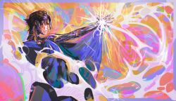1boy arcane:_league_of_legends brown_hair cape cowboy_shot from_side hex_core highres league_of_legends magic male_focus nuriajolmedo outstretched_hand rainbow short_hair solo viktor_(league_of_legends)