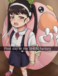 1girl arms_at_sides backpack bag black_hair blue_skirt blush child crying crying_with_eyes_open dot_nose english_text eyelashes female_focus flat_chest foot_out_of_frame from_above hachikuji_mayoi half-closed_eyes long_hair looking_at_viewer looking_up meemz_a monogatari_(series) open_mouth photo-referenced pink_shoes red_eyes sand shirt shoes short_sleeves skirt socks solo standing tears twintails white_shirt white_socks