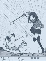 1girl attempted_suicide bird blue_theme chasing chicken cucco feathers gameplay_mechanics greyscale hamsterfragment health_bar heart monochrome nintendo no_nose original running rupee_(zelda) school_uniform short_hair suicidal_girl_(hamsterfragment) sword the_legend_of_zelda the_legend_of_zelda:_link&#039;s_awakening weapon wide-eyed
