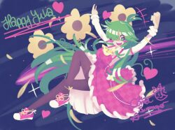 Rule 34 | 1girl, ahoge, arms up, artist name, ascot, black pantyhose, blush stickers, comet, comet summoner98, commentary, crescent moon, dress, english commentary, english text, flower, frilled dress, frills, green eyes, green hair, hair over one eye, heart, kazami yuuka, kazami yuuka (pc-98), leaf, long hair, long sleeves, looking at viewer, moon, open mouth, pantyhose, plaid clothes, plaid dress, plaid skirt, red shoes, shoes, skirt, sky, sleeves rolled up, smile, solo, sunflower, teeth, touhou, touhou (pc-98), upper teeth only, very long hair, yellow ascot