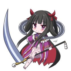 1girl absurdres barefoot black_cloak black_hair body_markings cloak coat death_alma emil_chronicle_online frilled_coat frills ghost_girl hair_ribbon hair_rings highres holding holding_scythe purple_coat purple_eyes red_ribbon ribbon scythe shinigami yanapy