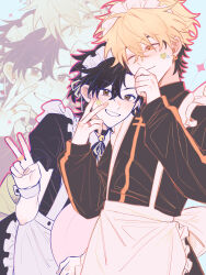 Rule 34 | 2boys, absurdres, alternate costume, apron, bell, black collar, black dress, black hair, black ribbon, blonde hair, blush, brown eyes, cheng xiaoshi, chinese commentary, closed mouth, collar, crossdressing, crossdressing (mtf), dress, earrings, enmaided, frilled apron, frills, grin, hair between eyes, hand on another&#039;s face, hand on own chin, hand up, heqing45184, highres, holding, holding tray, jacket, jewelry, jingle bell, long sleeves, looking at another, looking at viewer, maid, maid apron, maid headdress, male focus, male maid, multicolored hair, multiple boys, neck ribbon, one eye closed, orange eyes, ponytail, puffy sleeves, ribbon, ring, shiguang dailiren, short hair, short ponytail, short sleeves, smile, star (symbol), sticker on face, trap, tray, two-tone hair, v, waist apron, white apron, wrist cuffs, xia fei, yaoi, zoom layer