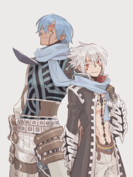 .hack// .hack//g.u. .hack//g.u._last_recode 2boys back-to-back black_coat black_gloves black_shirt blue_eyes blue_scarf blue_shirt coat commentary_request dark-skinned_male dark_skin facial_tattoo gauntlets gloves grey_background grey_hair haseo_(.hack//) looking_at_viewer maishi male_focus multiple_boys open_clothes open_coat orange-tinted_eyewear ovan_(.hack//) pants red_eyes scarf shared_clothes shared_scarf shirt short_hair simple_background smile stomach_tattoo striped_clothes striped_shirt tattoo tinted_eyewear white_pants