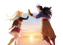 1boy 1girl backpack bag belt black_hair black_sleeves blonde_hair boots brown_boots commentary_request dragon_quest dragon_quest_builders_2 dress earrings female_builder_(dqb2) floating_clothes floating_hair fringe_trim from_behind from_below gloves hair_horns hair_pulled_back hair_ribbon high-waist_pants high_five highres hoop_earrings jewelry low_ponytail neckerchief open_clothes open_mouth open_shirt orange_pants pants pointy_ears ponytail profile purple_shirt rayrayray003 red_belt red_boots red_dress red_gloves red_ribbon ribbon shirt sidoh_(dqb2) silver_earrings spiked_hair sunset twintails two-tone_dress white_dress yellow_gloves yellow_neckerchief