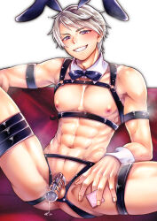 1boy abs absurdres animal_ears ao_(yashuring) ass axis_powers_hetalia bad_tag bow bowtie chastity_belt chastity_cage collarbone commission condom condom_wrapper couch detached_collar fake_animal_ears grey_hair grin groin_tendon highres looking_at_viewer male_focus male_playboy_bunny muscular muscular_male nipples nude pectorals penis precum prussia_(hetalia) purple_eyes rabbit_ears short_hair simple_background sitting skeb_commission smile solo spread_legs teeth testicles wrist_cuffs