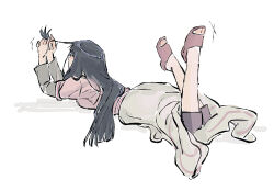 1girl beerenfuchs black_hair commentary english_commentary from_behind full_body hyuuga_hinata long_hair long_sleeves lying naruto:_the_last naruto_(series) on_stomach pants pants_under_skirt pink_shirt playing_with_own_hair shirt skirt solo white_background white_skirt