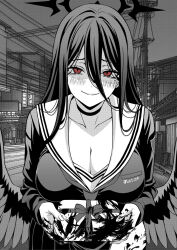 1girl black_choker black_serafuku black_skirt black_wings blood blood_on_hands blood_on_leg blue_archive blush box breasts choker cleavage feathered_wings gift gift_box hair_between_eyes halo hasumi_(blue_archive) highres holding holding_gift large_breasts long_hair looking_at_viewer mole mole_under_eye monochrome neckerchief night outdoors red_eyes sailor_collar school_uniform serafuku shimei_eris side_slit skirt smile solo spot_color white_sailor_collar wings