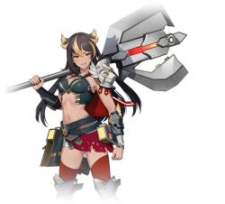 1girl arm_armor armor axe battle_axe belt black_hair blonde_hair breasts brown_hair capelet cropped_legs dark-skinned_female dark_skin hair_ears holding holding_axe holding_weapon huge_weapon long_hair looking_at_viewer medium_breasts midriff multicolored_hair navel official_art over_shoulder pallas_(starward) red_capelet red_skirt red_thighhighs shorts shoulder_armor simple_background skirt smile solo starward stomach streaked_hair thighhighs torn_clothes transparent_background two-tone_hair weapon weapon_over_shoulder yellow_eyes