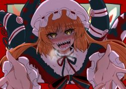 1girl blush bow christmas_nightmare_(e.g.o) e.g.o_(project_moon) hat ishmael_(project_moon) limbus_company long_hair long_sleeves looking_at_viewer mob_cap multicolored_bow myomyomyo114 orange_hair outstretched_arms project_moon reaching reaching_towards_viewer sharp_teeth solo striped_shawl teeth tentacles upper_body white_hat yellow_eyes you_gonna_get_eaten