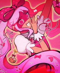 Rule 34 | 1girl, \||/, arm up, arrow through heart, bow, broken heart, buttons, commentary, dark-skinned female, dark skin, dot nose, dress, english commentary, film grain, fingernails, frilled sleeves, frills, grin, hair between eyes, hair bow, hand up, heart, kita saur, long hair, looking at viewer, omori, open mouth, outline, outstretched arm, pink background, pink bow, pink eyes, pink hair, pink theme, polka dot, polka dot bow, puffy short sleeves, puffy sleeves, red dress, shaded face, shirt, short sleeves, simple background, sleeveless, sleeveless dress, smile, solo, sprout mole, sweetheart (omori), twintails, twitter username, upper body, very long hair, vignetting, white shirt, white wrist cuffs, wide-eyed, wrist cuffs, x x, yellow outline