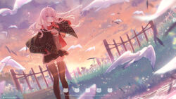 1girl ahoge animal artist_name bird black_capelet black_skirt black_thighhighs blue_eyes brown_sweater capelet commission dusk grass highres houki_(majo_no_tabitabi) long_hair majo_no_tabitabi outdoors pink_hair red_ribbon red_sleeves ribbon shirt skirt sky solo sweater thighhighs twilight umehara_sei white_bird white_shirt