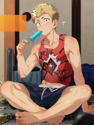 1boy ? amainu barefoot bedroom blonde_hair blue_shorts brown_eyes dumbbell food food_in_mouth highres holding holding_food holding_popsicle ice_cream indian_style indoors looking_at_viewer male_focus manga_(object) melting_popsicle persona persona_5 popsicle popsicle_in_mouth print_tank_top red_tank_top sakamoto_ryuuji short_hair shorts sitting solo sweat tank_top toned toned_male