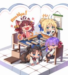 4girls ahoge ahoge_wag animal_ears artoria_pendragon_(fate) bell black_hair black_skirt blonde_hair blue_eyes blush brown_hair brown_vest cat_ears cat_girl chair chibi chibi_only closed_mouth commentary eating english_commentary expressive_hair fate/stay_night fate_(series) food full_body gloom_(expression) green_eyes hair_bell hair_bun hair_ornament hair_ribbon heaven&#039;s_feel highres holding holding_mahjong_tile ichihime isometric japanese_clothes jingle_bell kimono kuri_(animejpholic) long_hair long_sleeves looking_at_another mahjong mahjong_soul mahjong_table mahjong_tile matou_sakura multiple_girls one_eye_closed onigiri open_mouth pink_kimono purple_eyes purple_hair red_eyes red_ribbon ribbon saber_(fate) shirt short_hair single_hair_bun skirt smile table tohsaka_rin twintails vest white_shirt
