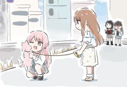 4girls bang_dream! bang_dream!_it&#039;s_mygo!!!!! black_boots black_hair black_jacket black_shirt blue_skirt boots brown_hair chihaya_anon commentary dog dress fang grey_dress grey_eyes grey_skirt highres holding holding_leash jacket kneeling leash long_hair lyy medium_hair multiple_girls nagasaki_soyo one_eye_closed open_mouth pinafore_dress pink_hair plaid_clothes plaid_dress red_shirt shiina_taki shirt sidelocks skin_fang skirt sleeveless sleeveless_dress symbol-only_commentary thumbs_up white_jacket white_skirt yahata_umiri