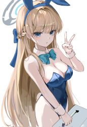 animal_ears bare_shoulders blonde_hair blue_archive blue_eyes blue_leotard bow bowtie breasts character_request cleavage highres large_breasts leotard long_hair playboy_bunny rabbit_ears s_im7u simple_background tagme toki_(blue_archive) toki_(bunny)_(blue_archive) v white_background