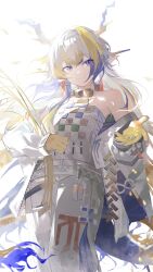 1girl absurdres arknights bare_shoulders blonde_hair bloom closed_mouth colored_extremities commentary cowboy_shot dragon_girl dragon_horns dragon_tail earrings english_commentary eyes_visible_through_hair film_grain highres horns jacket jewelry long_hair long_sleeves looking_at_viewer multicolored_hair necklace pointy_ears purple_eyes purple_hair shu_(arknights) siguma_(13238772100) simple_background smile solo split_mouth standing strapless tail tube_top white_background white_hair white_jacket white_tube_top