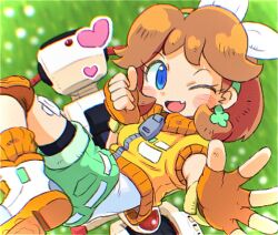 1girl blue_eyes bow brown_hair cropped_jacket earrings fang fingerless_gloves gloves green_shorts hair_bow heart highres ikaheigen jacket jewelry knee_pads mario_(series) mario_kart mario_kart_world nintendo one_eye_closed open_mouth orange_gloves orange_jacket princess_daisy princess_daisy_(touring) shirt shorts smile
