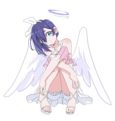 1girl alternate_costume angel_wings ankle_lace-up aqua_eyes bare_arms bare_legs bare_shoulders bow commentary crossed_arms dalidari27 dot_nose eyes_visible_through_hair full_body hair_between_eyes hair_bow halo haraga_kurumi head_tilt highres kimi_no_koto_ga_dai_dai_dai_dai_daisuki_na_100-nin_no_kanojo looking_at_viewer purple_hair sandals short_hair simple_background sitting solo white_background white_bow wings