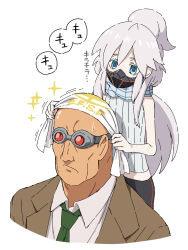 1boy 1girl bask_om black_pants blue_eyes brown_jacket collared_shirt colored_eyelashes commentary_request cropped_torso deux_murasame freckles goggles green_necktie grey_hair gundam gundam_gquuuuuux highres jacket long_hair mask mouth_mask necktie pants scarf shirt sleeveless sleeveless_shirt sound_effects star_(symbol) translation_request uemukai_dai white_background white_eyelashes white_shirt wiping