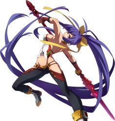 1girl antenna_hair backless_outfit black_pants blazblue blazblue:_central_fiction boots bow breasts female_focus fingerless_gloves full_body genderswap genderswap_(mtf) gloves hair_between_eyes hair_bow halterneck high_heel_boots high_heels highres hip_vent holding holding_weapon large_breasts long_hair lowleg lowleg_pants mai_natsume midriff navel no_bra official_art pants pink_eyes ponytail purple_hair revealing_clothes ribbon sideboob solo tagme transparent_background very_long_hair weapon yellow_bow