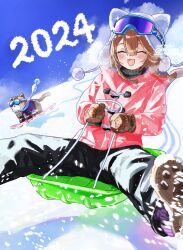 1girl 2024 :d ^_^ animal animal_ears animal_hat arin_(1010_ssu) beanie black_pants blue_sky boots braid brown_hair brown_mittens can_(honkai_impact) closed_eyes clothed_animal clothes_writing cloud commentary_request day fake_animal_ears fang goggles goggles_on_headwear grey_sweater hat highres honkai_(series) honkai_impact_3rd jacket long_hair mittens nyan open_mouth outdoors pants pardofelis pink_jacket ribbed_sweater romaji_text shoe_soles ski_goggles sky sled smile snow snowboard sweater toboggan turtleneck turtleneck_sweater twin_braids twitter_username