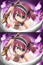 00s :&gt;= airi_(queen&#039;s_blade) biting breasts censored fellatio fire foreskin biting_foreskin green_eyes highres kobayashi_tetsuya large_breasts maid maid_headdress nipples oral paizuri penis pov queen&#039;s_blade red_hair scythe seiki_kyushu smile twintails weapon